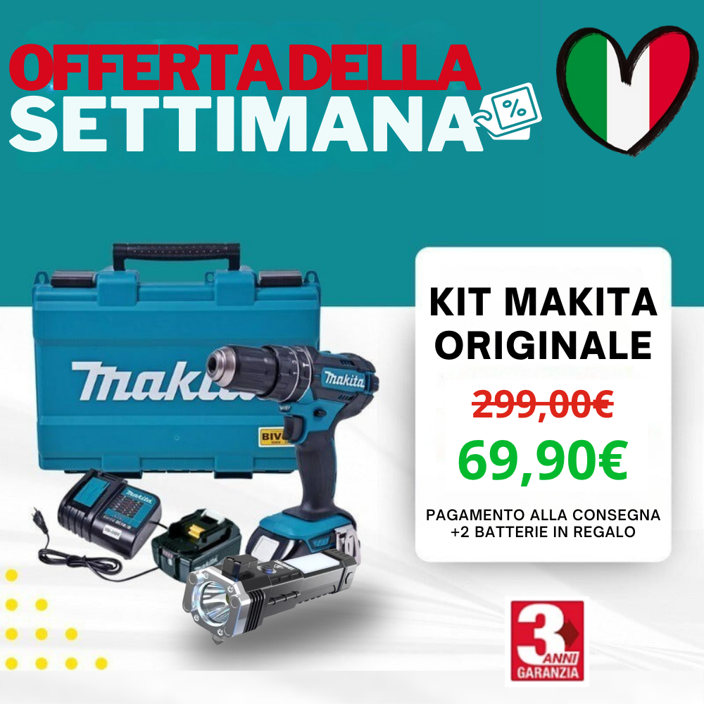 KIT ORIGINALE MAKITA: TRAPANO AVVITATORE A PERCUSSIONE PER FORATURE E AVVITATURE GRAVOSE + 45 ACCESSORI + 2 BATTERIE 48V - SUPER OFFERTA DI LANCIO®