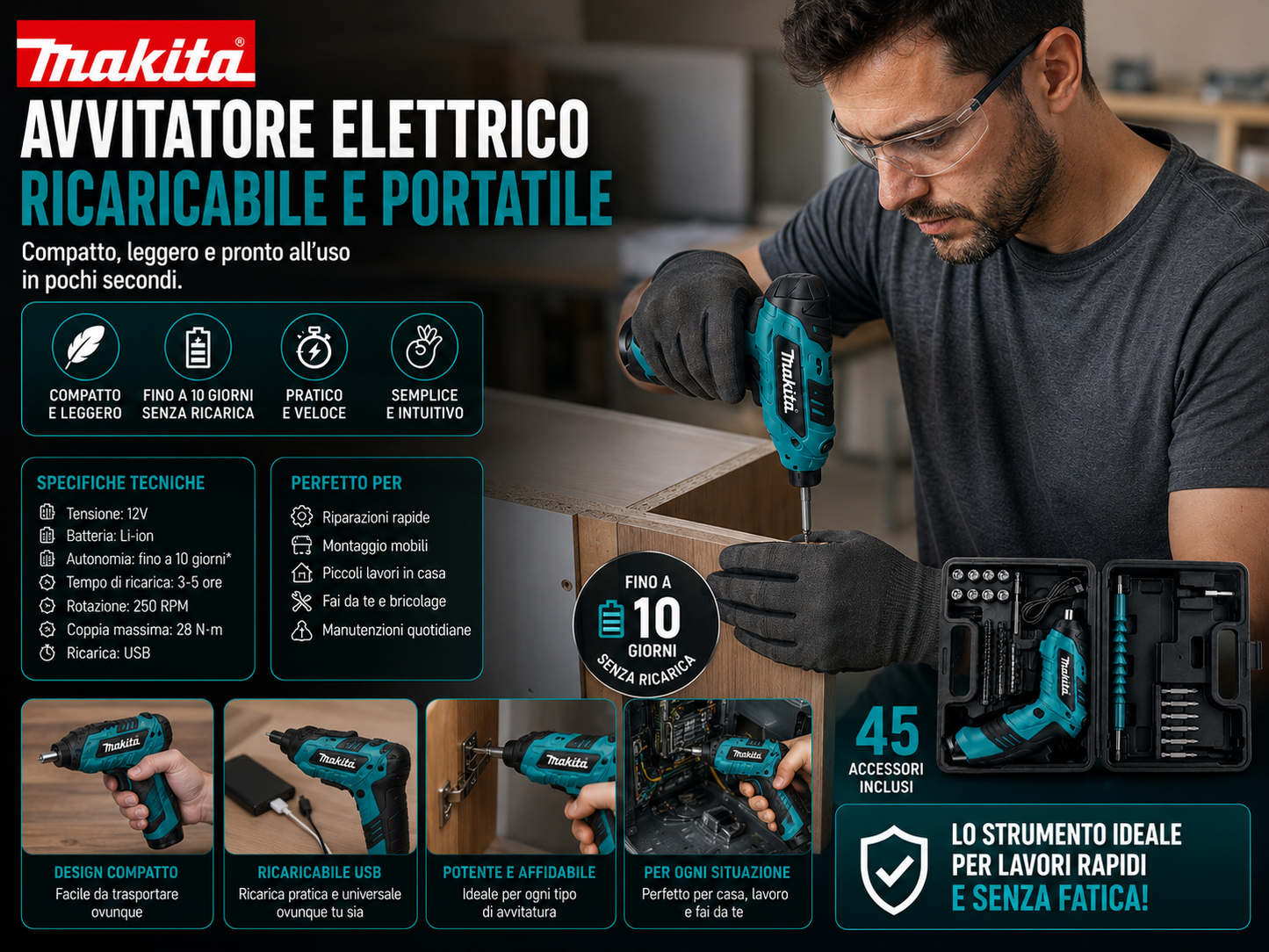 12V | Avvitatore Portatile ad Alta Potenza • 10 Giorni Senza Ricarica | Novità 2026